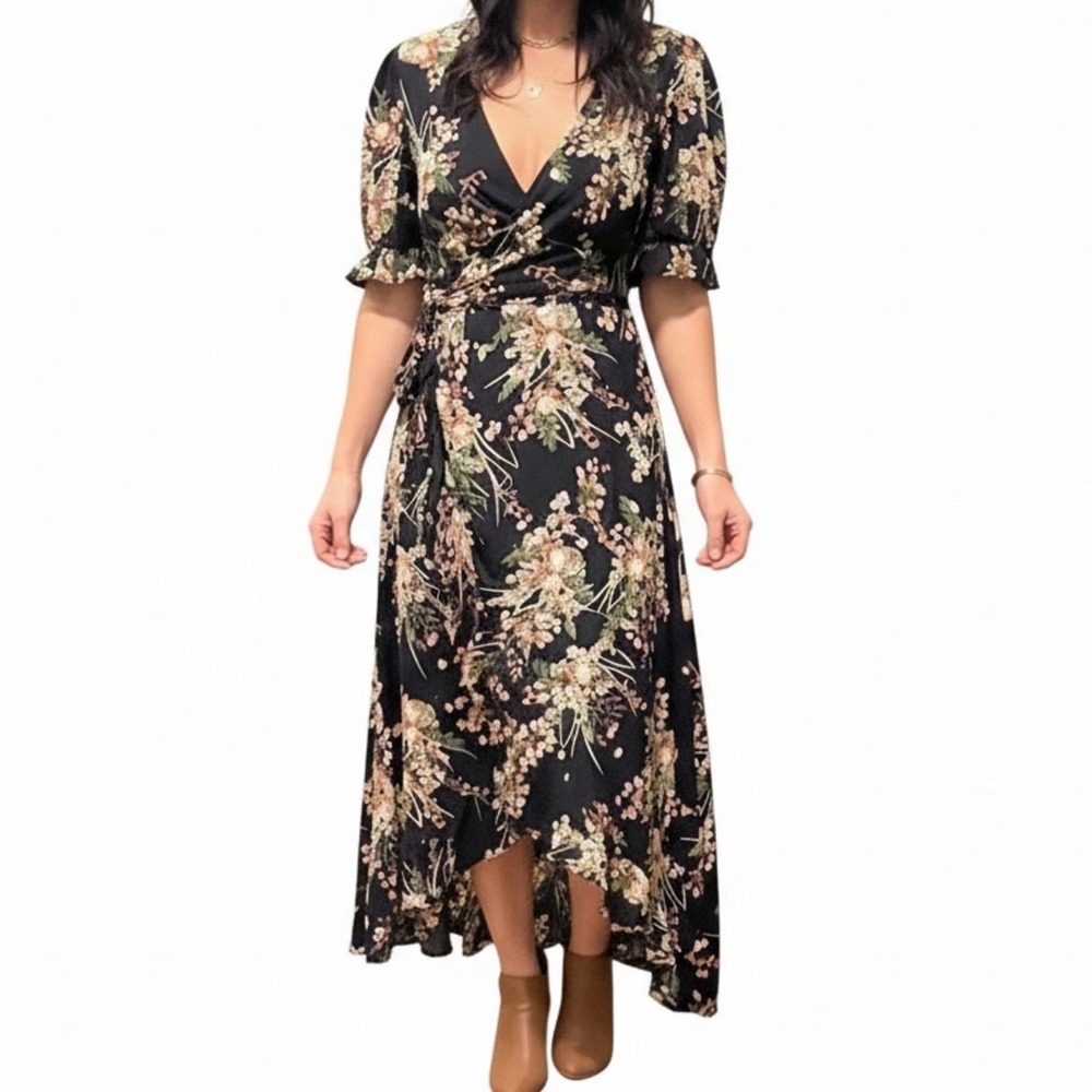 Coco + Carmen Boho Black‎ Floral High-Low Wrap Maxi Dress (S/M) Cottagecore